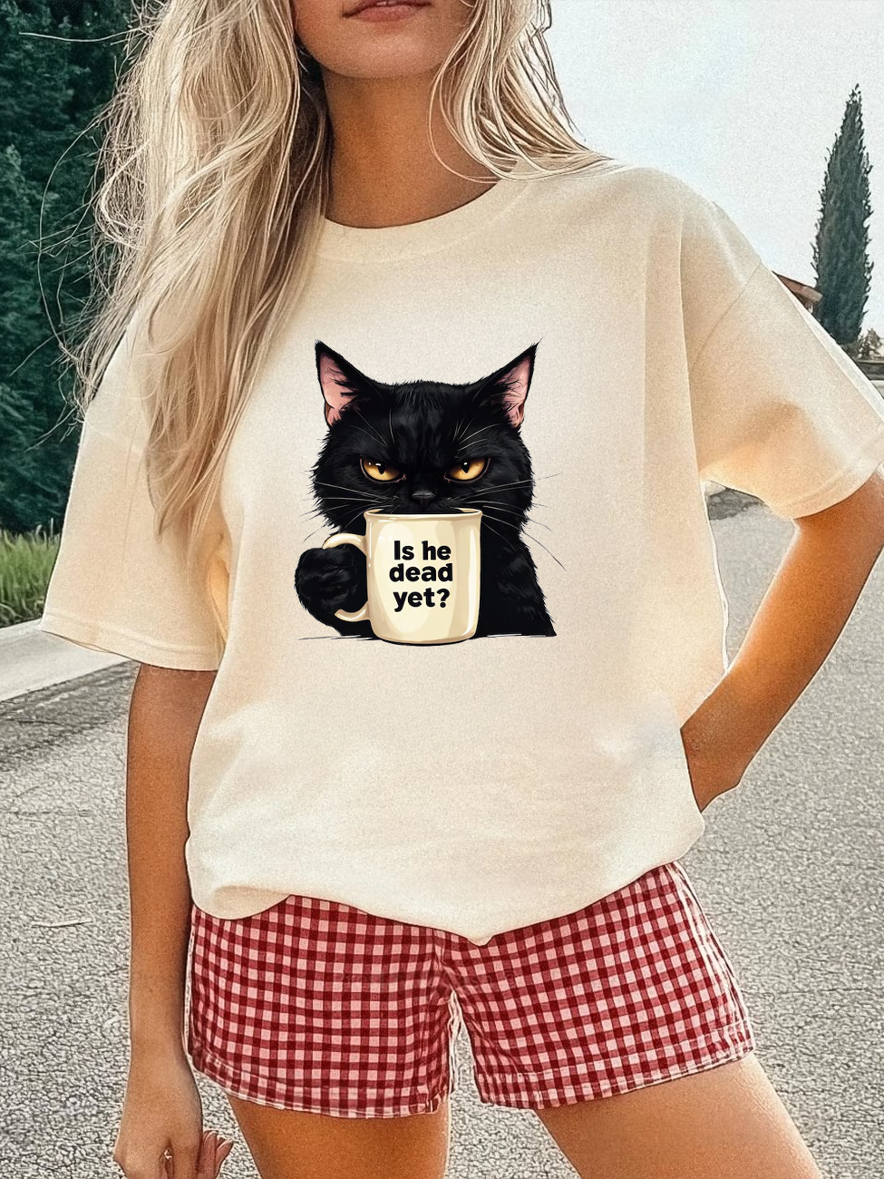 IS HE DEAD YET Cat Crew Neck T-Shirt