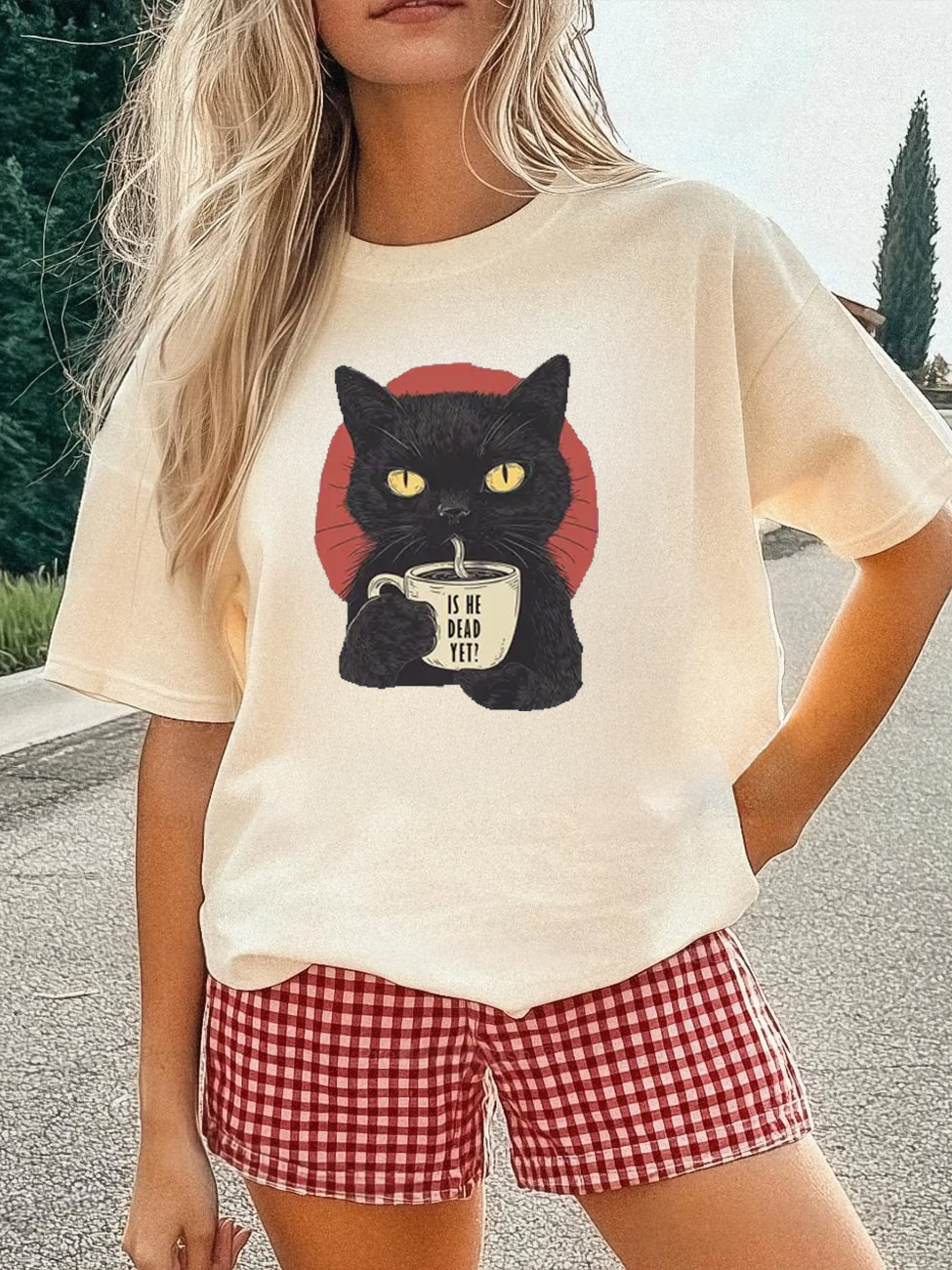 Vintage Cat IS HE DEAD YET Crew Neck T-Shirt