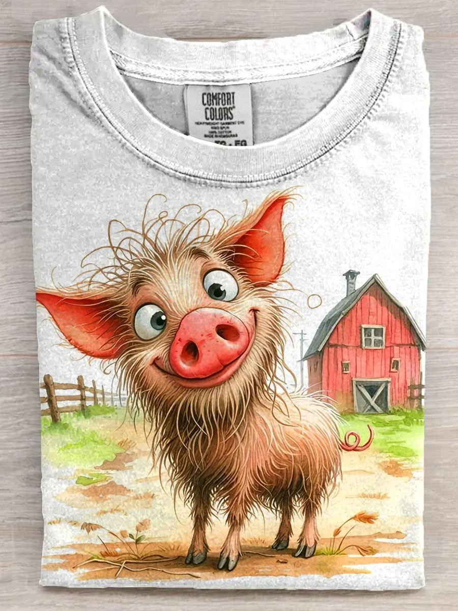 Funny Happy Pig Art Print Casaul Short Sleeve T-shirt