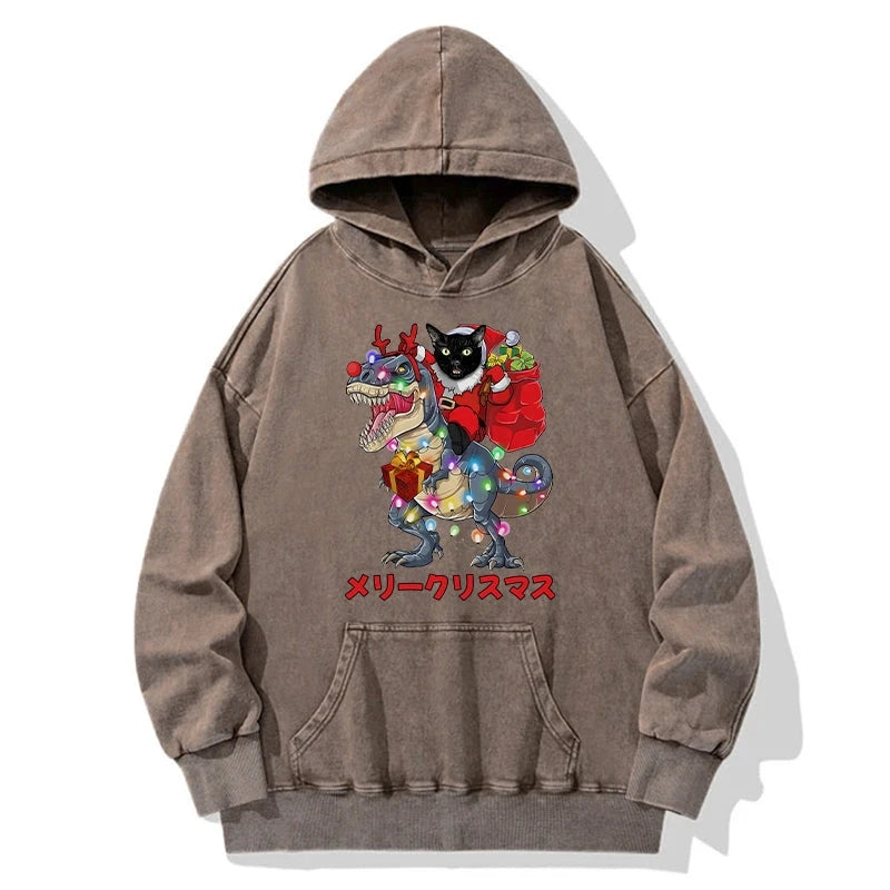Cat Riding Dinosaur Christmas Washed Hoodie