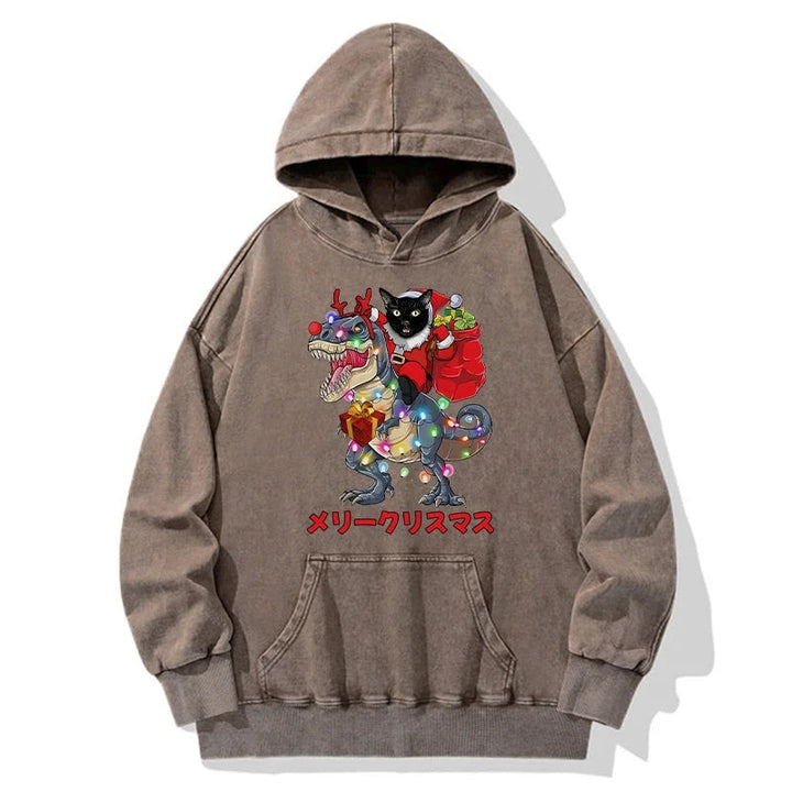 Cat Riding Dinosaur Christmas Washed Hoodie