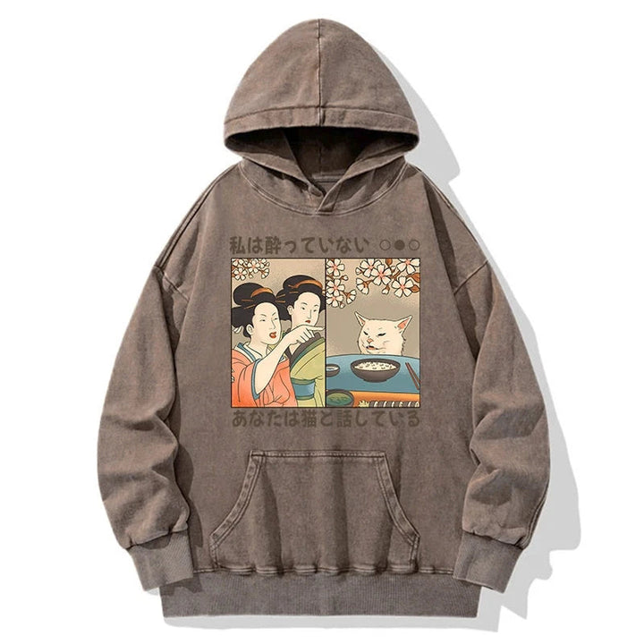 Japanese Woman Shouting at a Cat Washed Hoodie