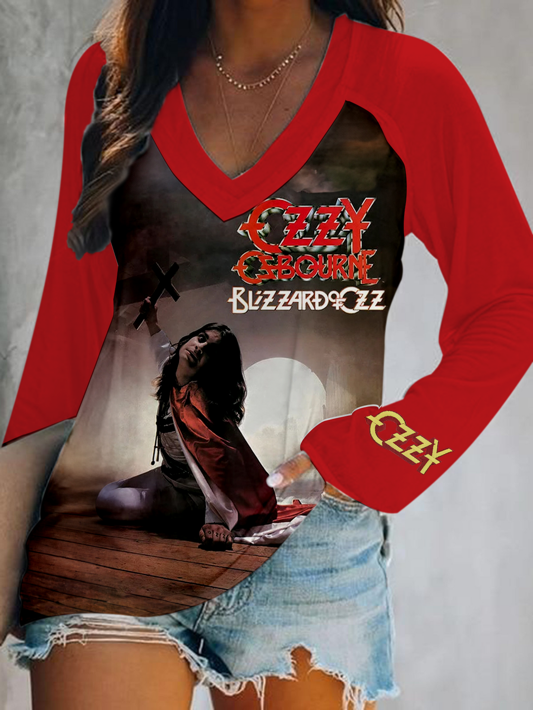 Blizzard Of Ozz Ozzy Osbourne Music Print V-Neck Long Sleeve Top