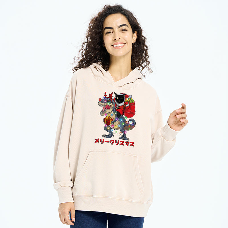 Cat Riding Dinosaur Christmas Washed Hoodie