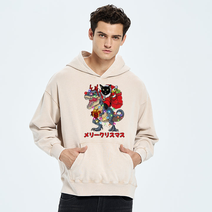 Cat Riding Dinosaur Christmas Washed Hoodie