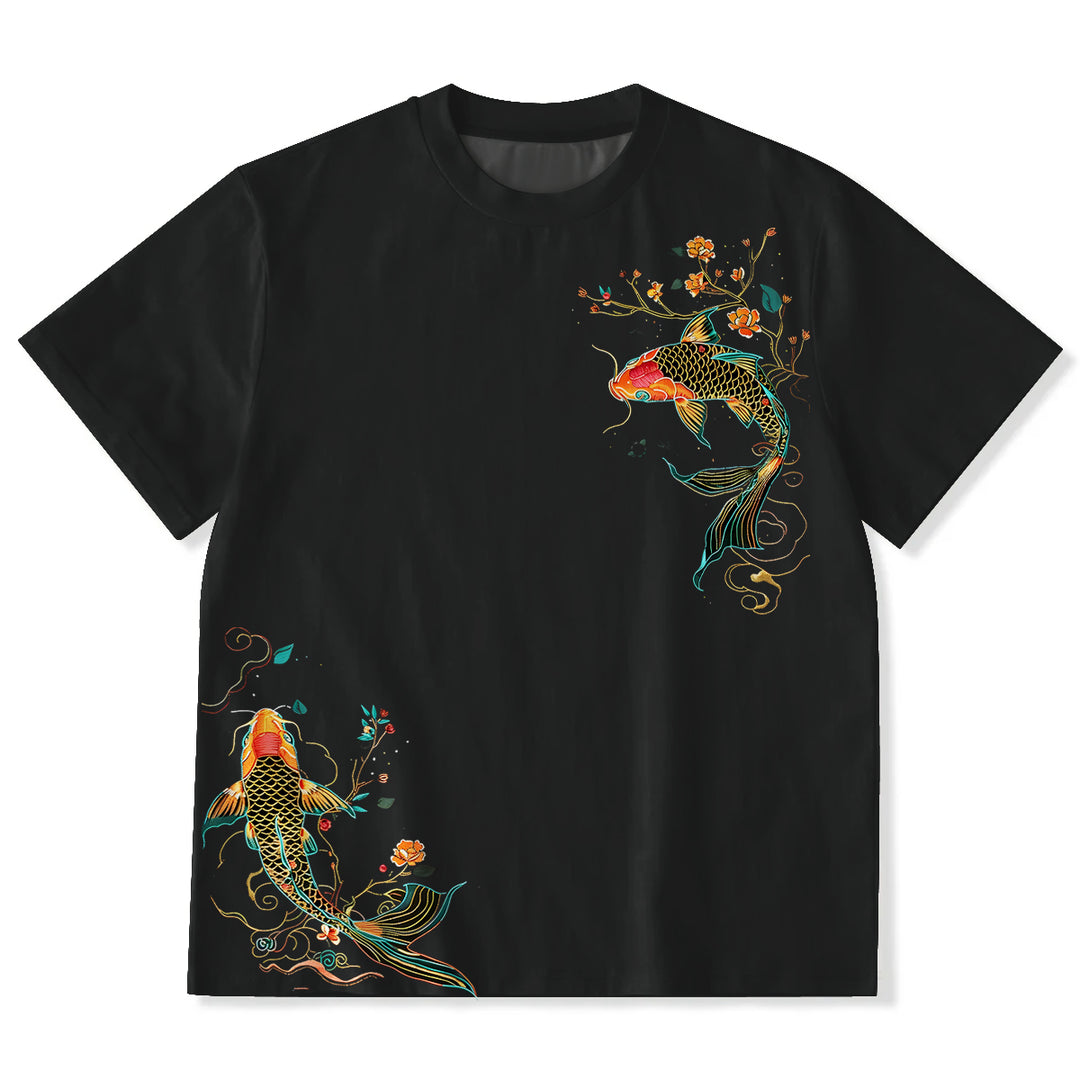 Carp And Floral Design Crew Neck T-shirt