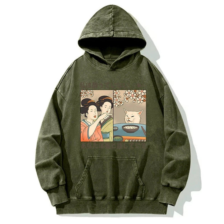 Japanese Woman Shouting at a Cat Washed Hoodie