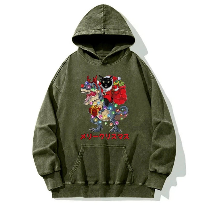 Cat Riding Dinosaur Christmas Washed Hoodie