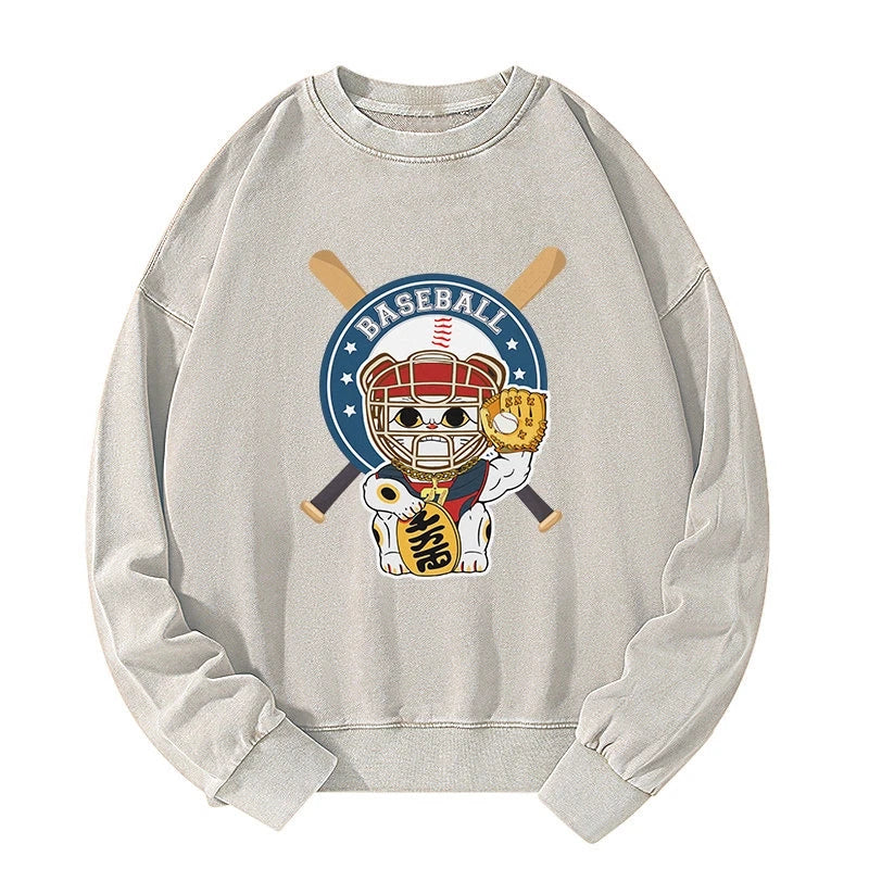 Janpaese Baseball Cat Washed Sweatshirt