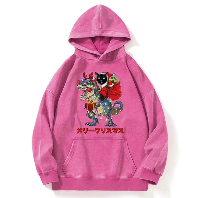 Cat Riding Dinosaur Christmas Washed Hoodie