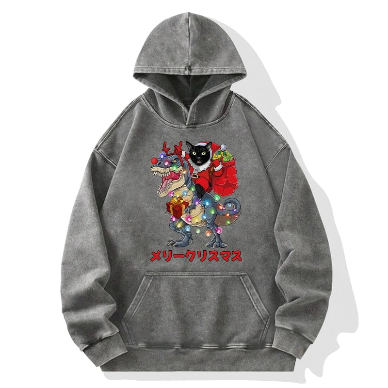 Cat Riding Dinosaur Christmas Washed Hoodie