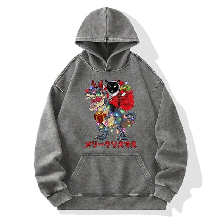 Cat Riding Dinosaur Christmas Washed Hoodie