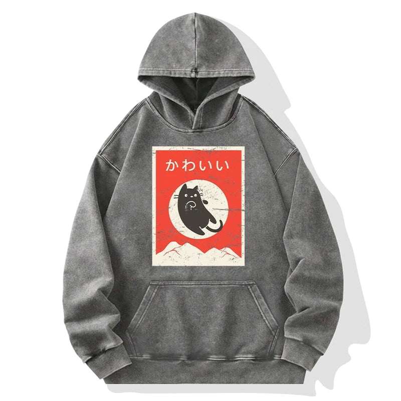 Cute Black Cat Japanese Washed Hoodie