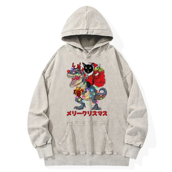 Cat Riding Dinosaur Christmas Washed Hoodie