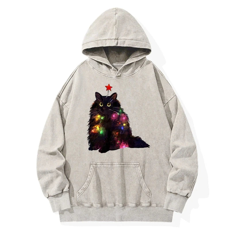 Christmas Lights Cat Washed Hoodie