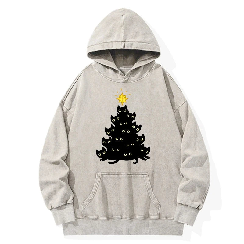 Black Cat Christmas Tree Washed Hoodie