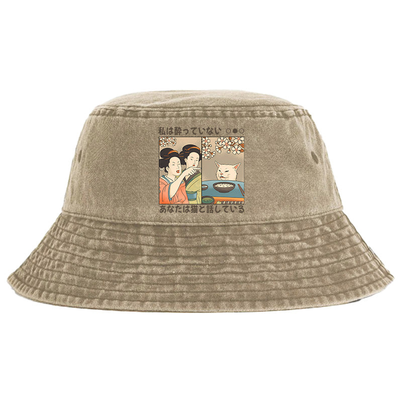 Japanese Woman Shouting at a Cat Washed Bucket Hat