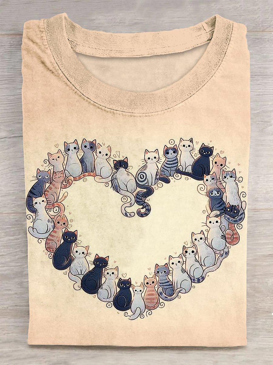 Unisex T-Shirt mit Aufdruck „Love Cat“ im Vintage-Stil, lockeres Kurzarm-Shirt zum Valentinstag