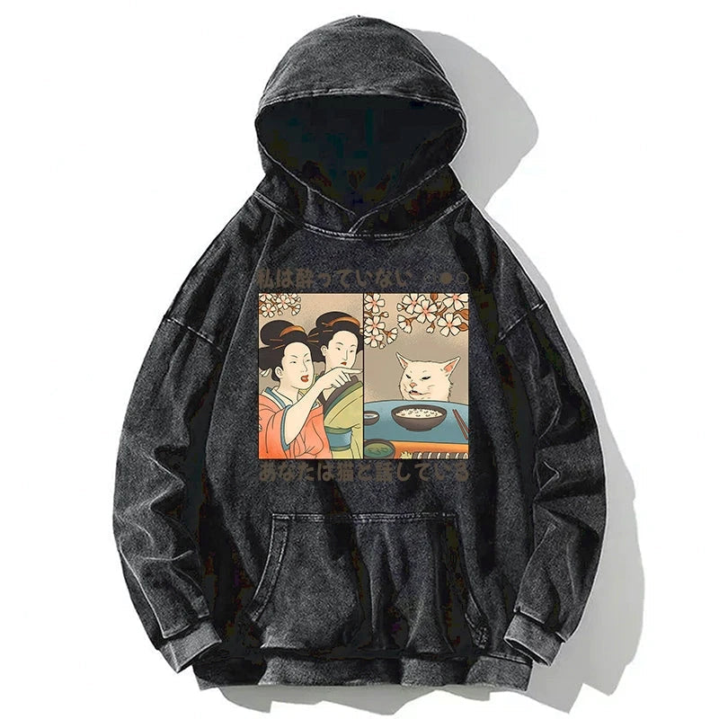 Japanese Woman Shouting at a Cat Washed Hoodie