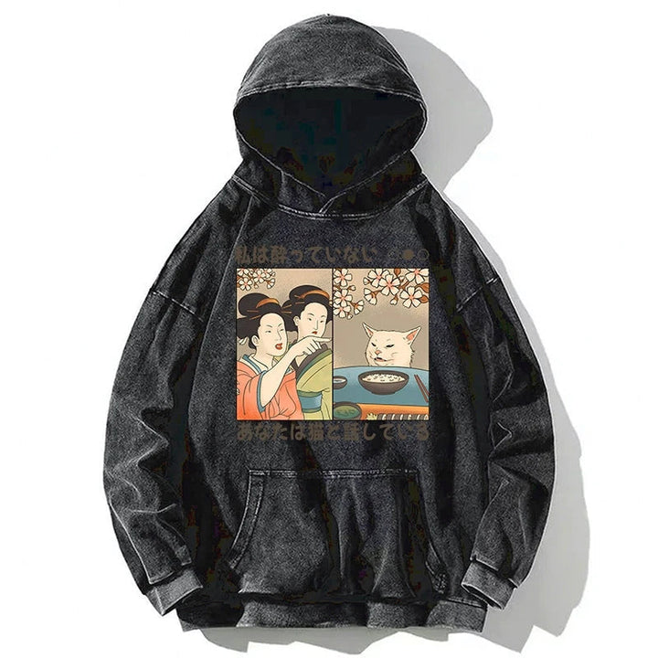 Japanese Woman Shouting at a Cat Washed Hoodie