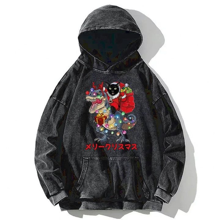 Cat Riding Dinosaur Christmas Washed Hoodie