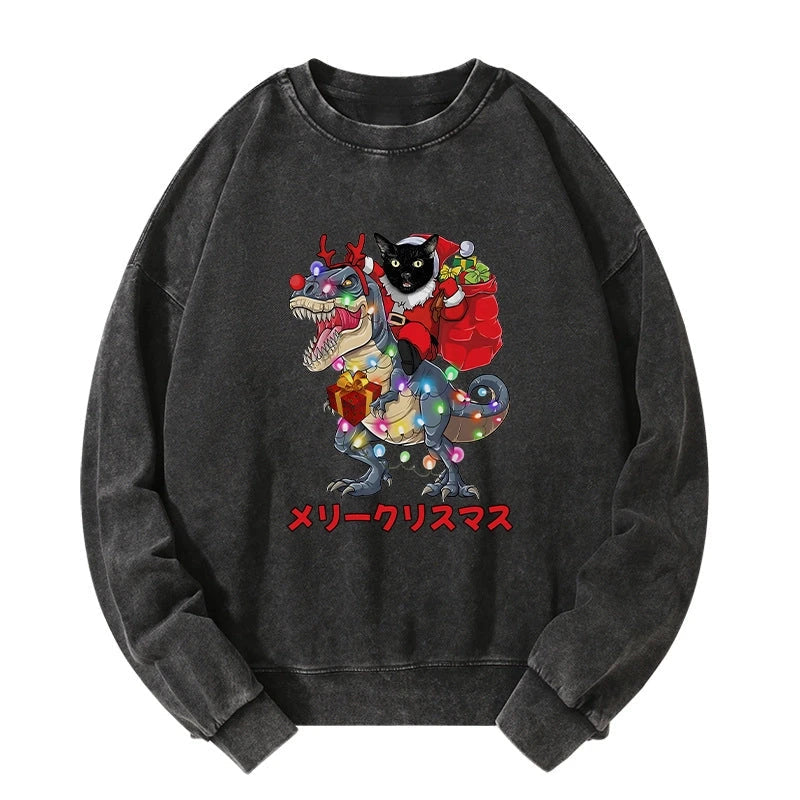 Cat Riding Dinosaur Christmas Washed Sweatshirt