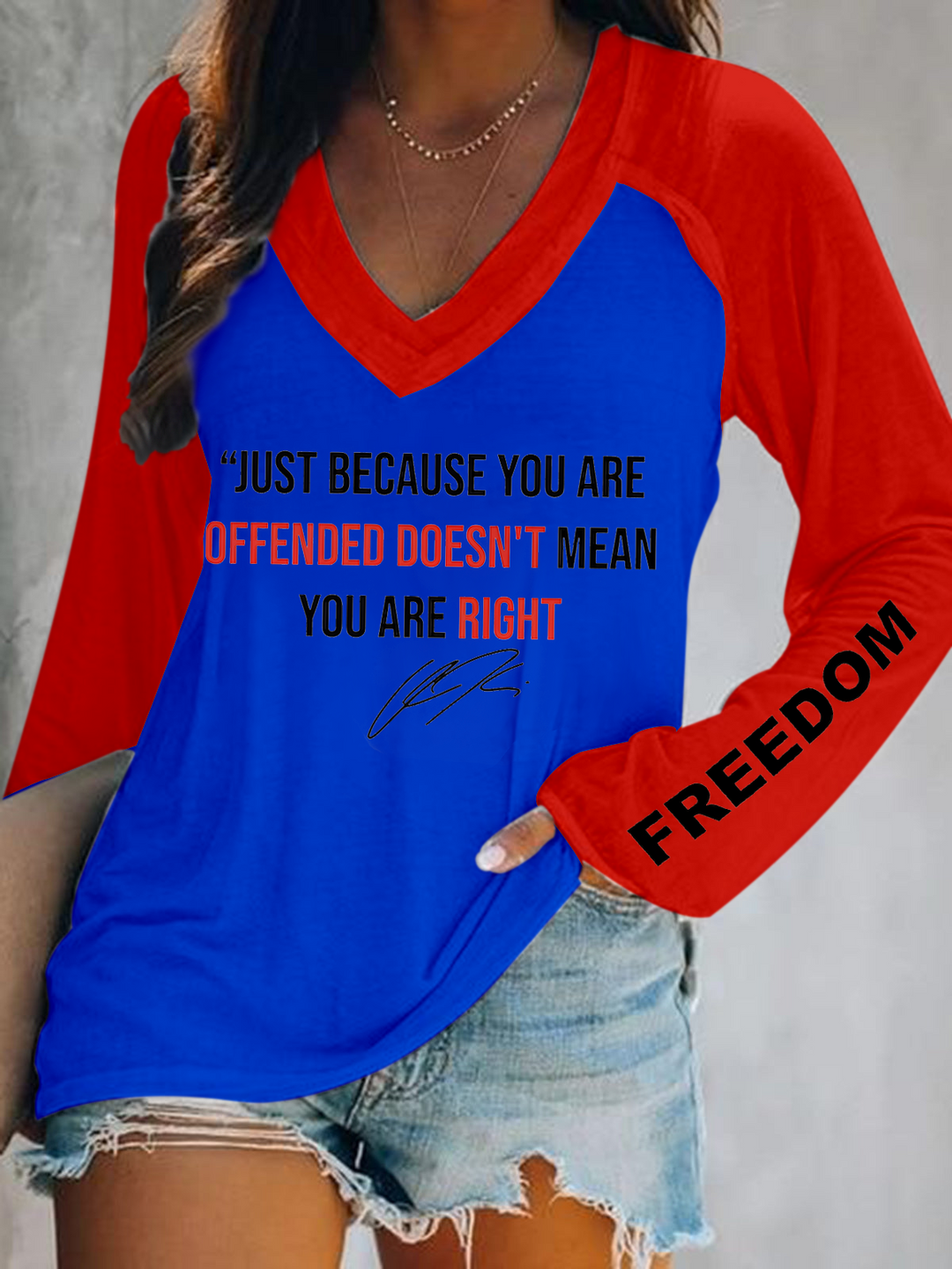 Freedmon Charkie Kirk Print V-Neck Long Sleeve Top