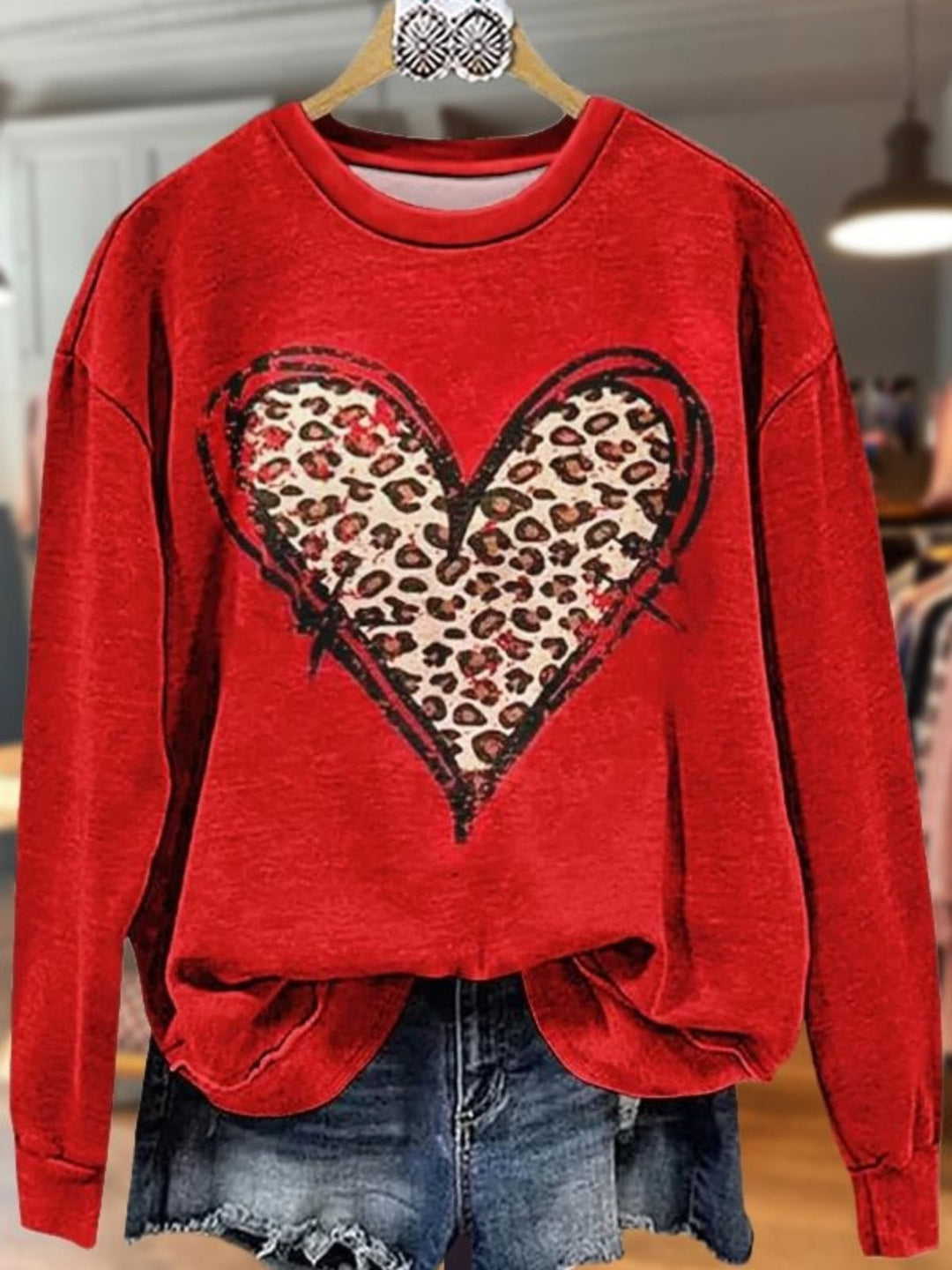 Leopard Heart Valentine's Day Print Long Sleeve Top