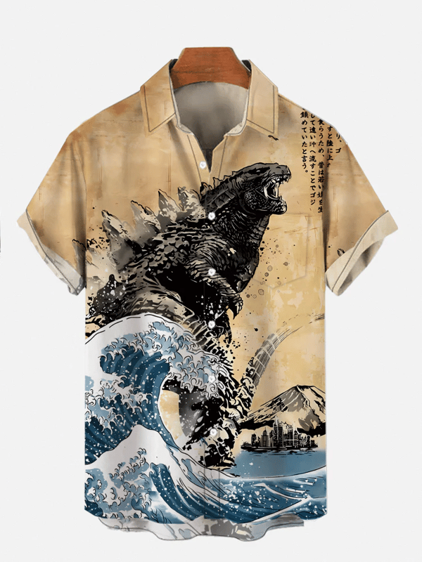 Godzilla Ukiyo-e Monster Print Short Sleeve Shirt