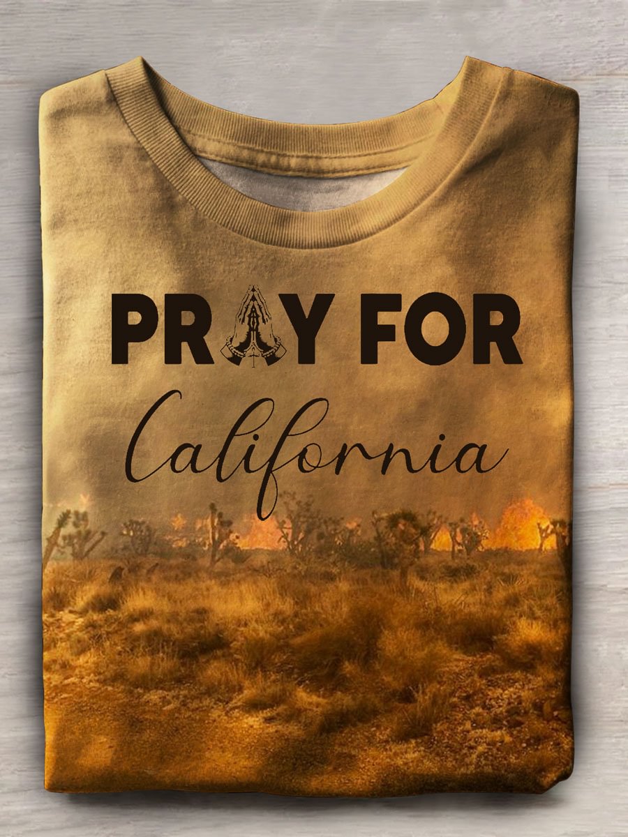 Pray for California Print Casual Short Sleeve Top