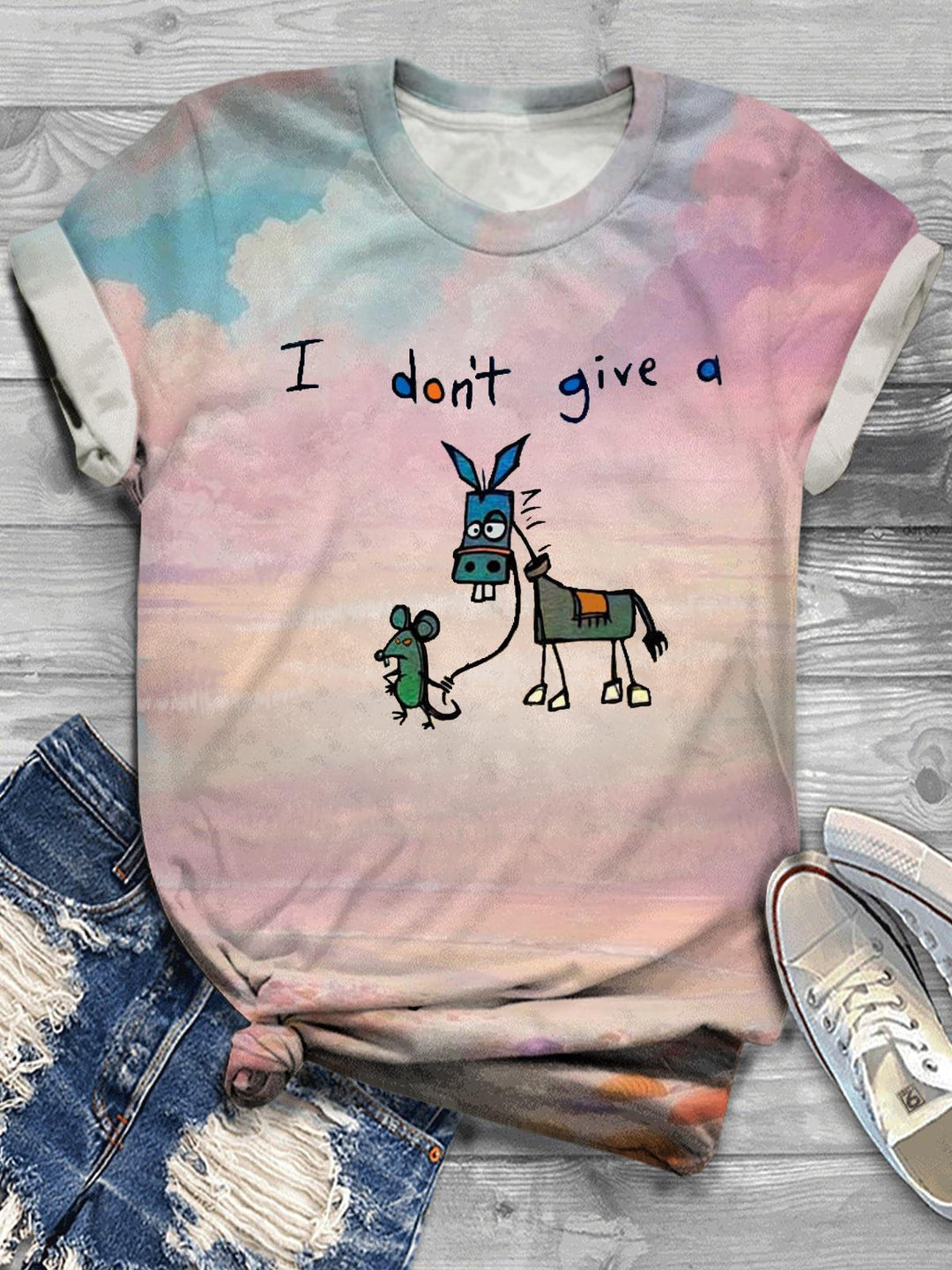 I Don't Give A Donkey And Mouse Fun Retro Print Casual T-shirt