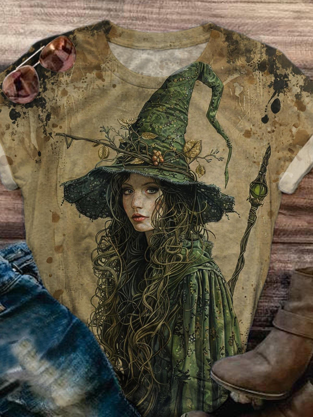 Damen Halloween Sexy Hexe Retro Print Lässiges Rundhals-T-Shirt