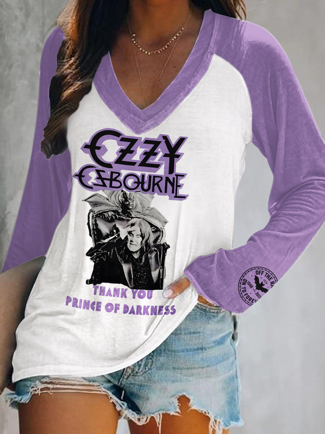 Ozzy Osbourne Print V-Neck Long Sleeve Top