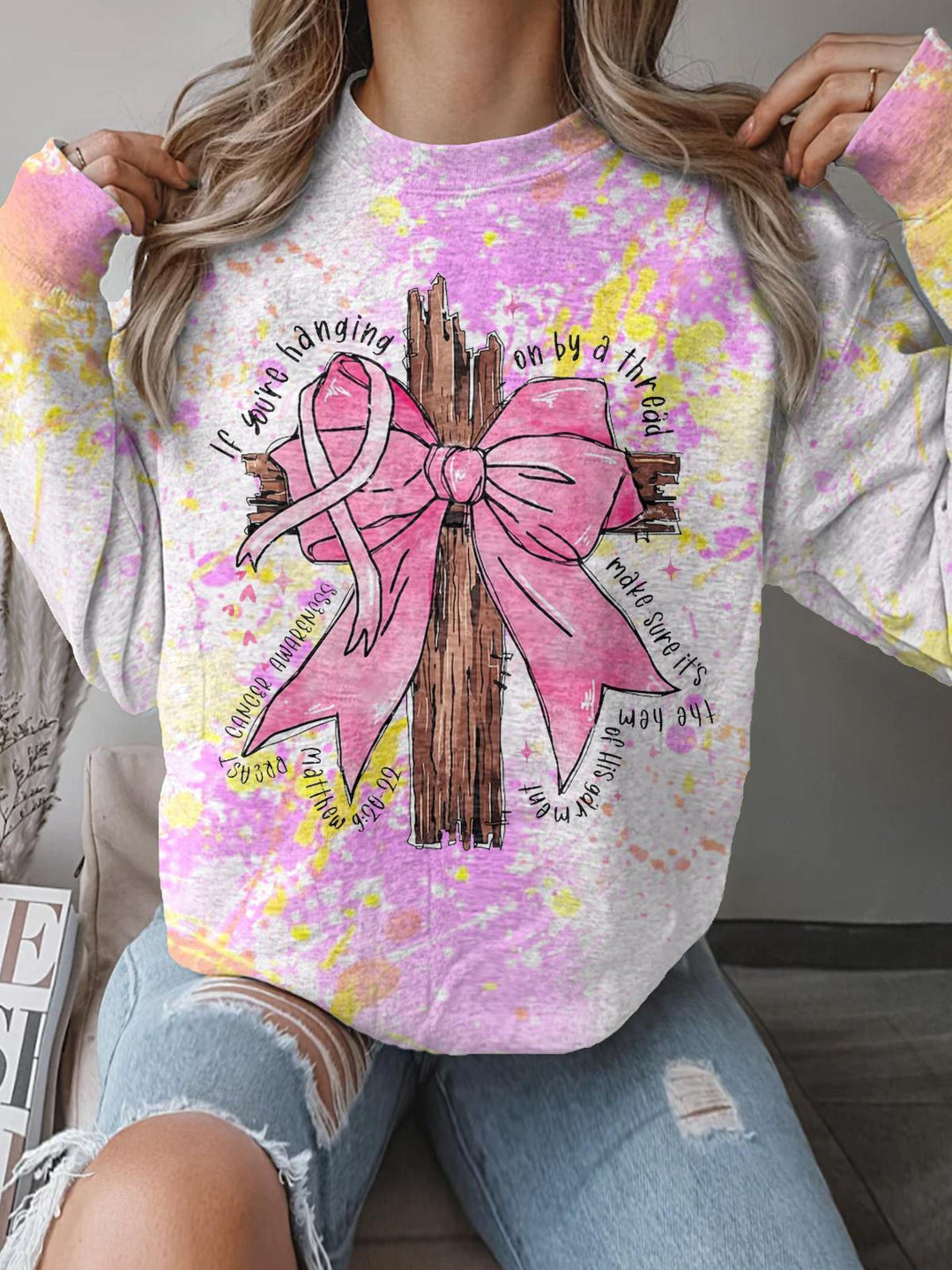 Jesus Pink Bow Cross Breast Cancer Drop Crew Neck Casual Sweatshirt