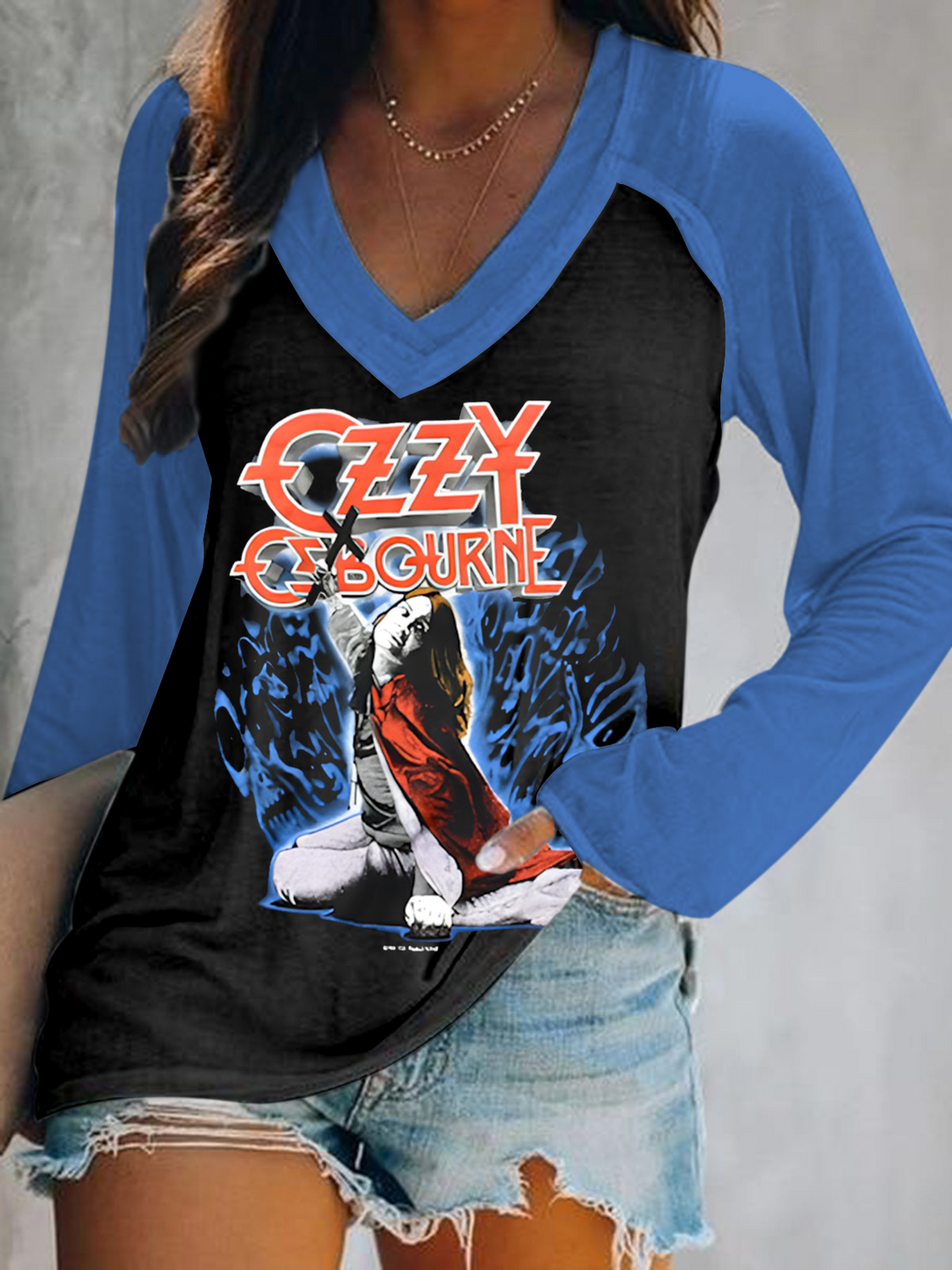 1981 Ozzy Osbourne Band Vintage Graphic Print V-Neck Long Sleeve Top
