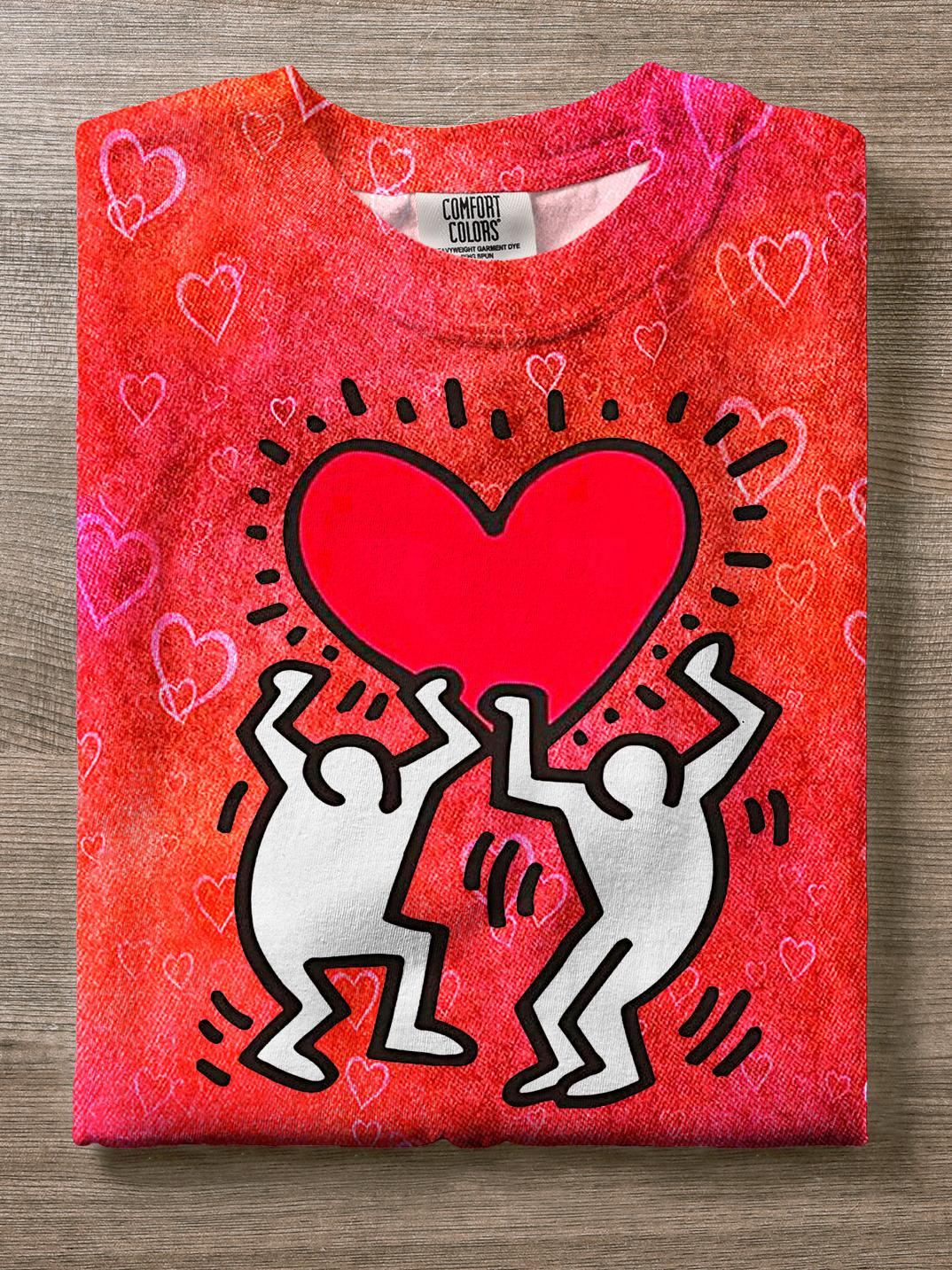 Simple And Cute Valentine's Day Villain Love Printed Crew Neck T-shirt