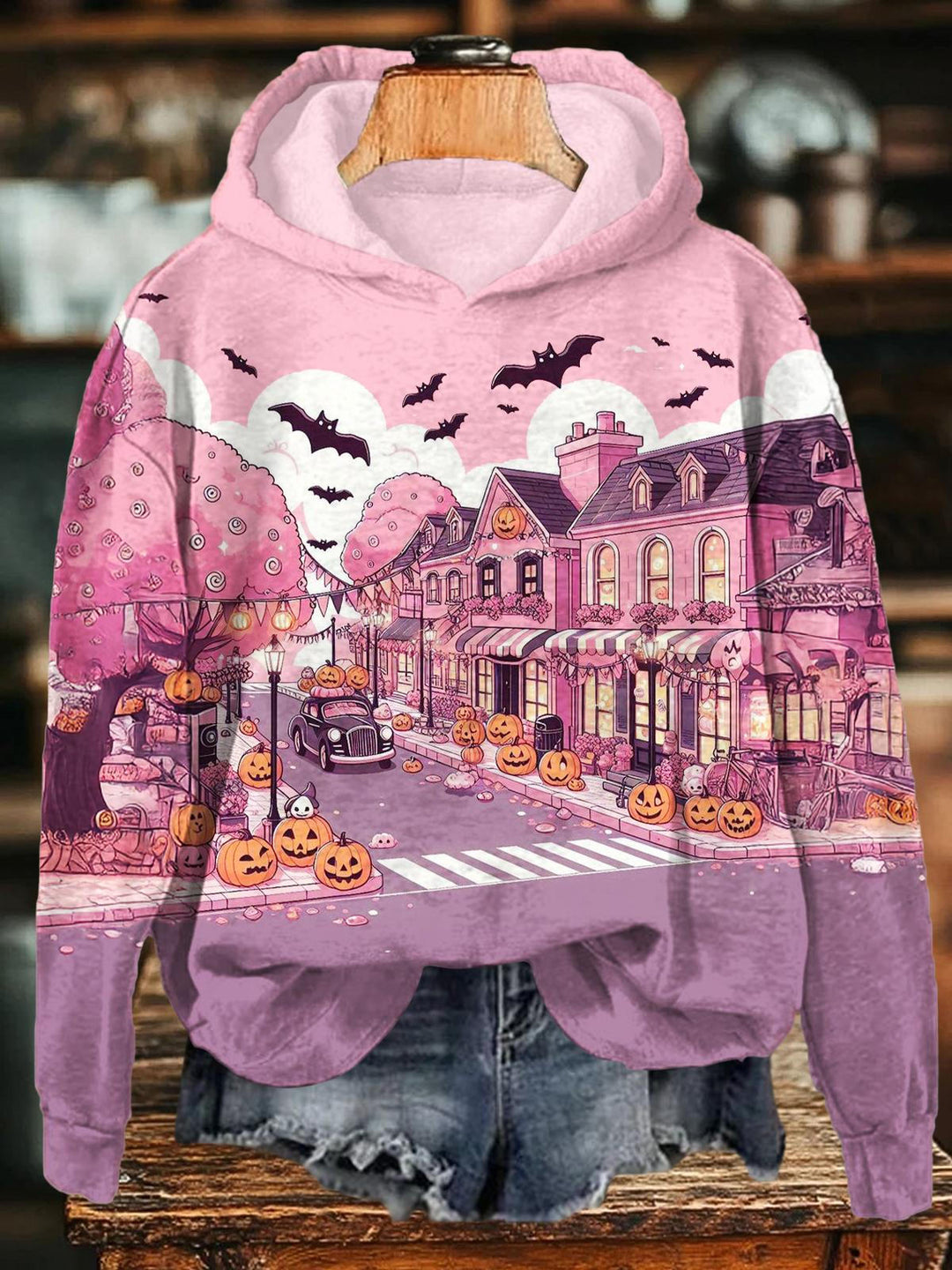 Halloween Town Street Long Sleeve Printed Hoodie