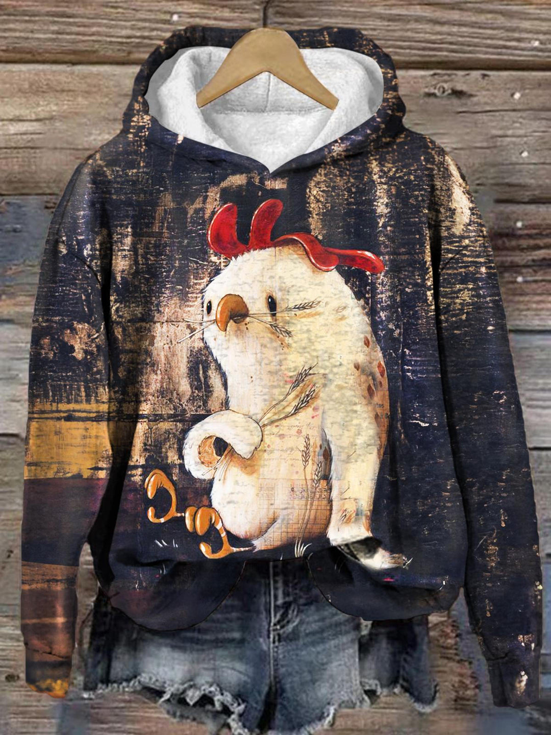 Women's Chicken Fun Retro Print Casual Long Sleeve Hoodie