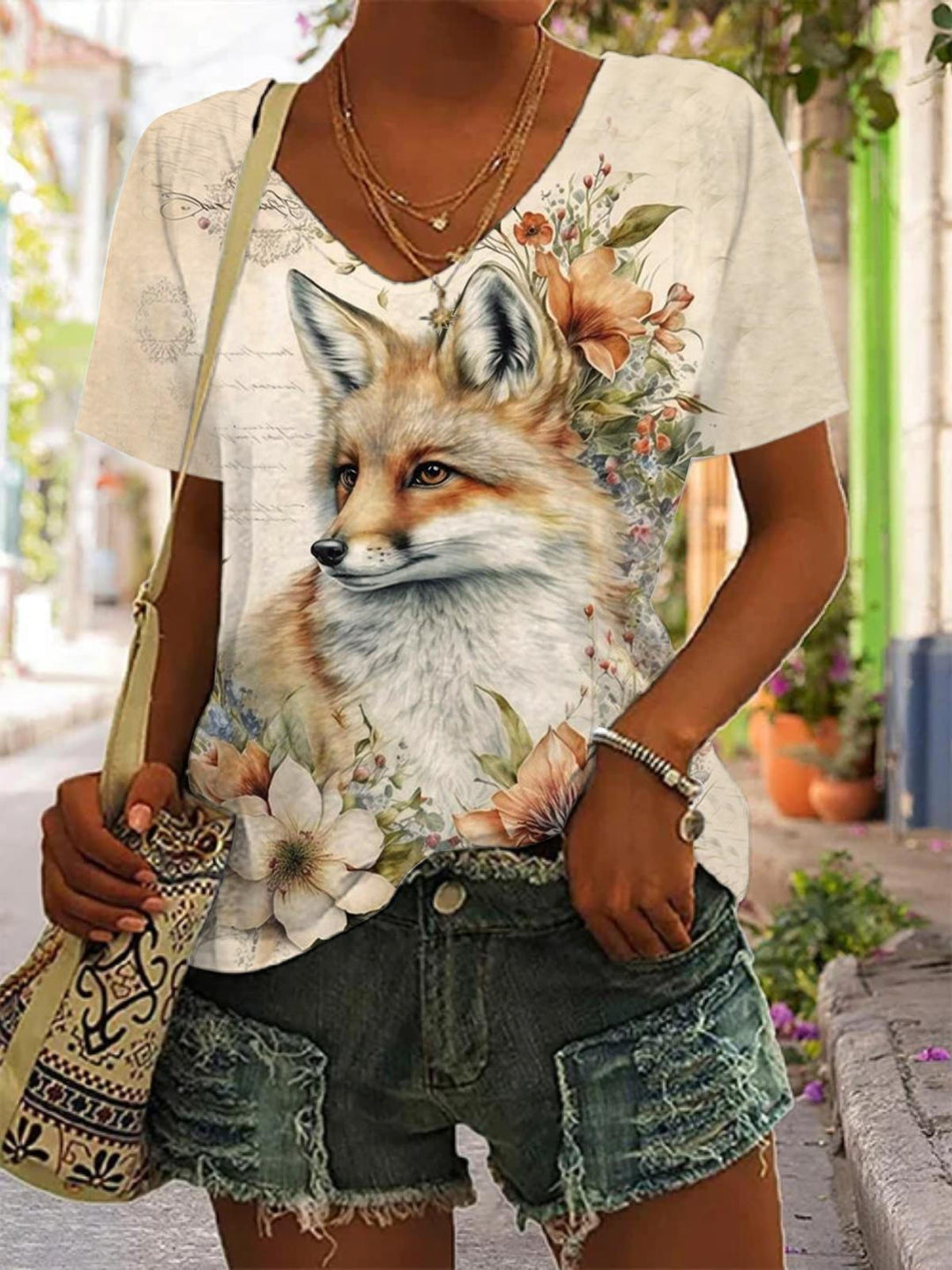 Damen-Oberteil mit V-Ausschnitt und Blumen-Fuchs-Print