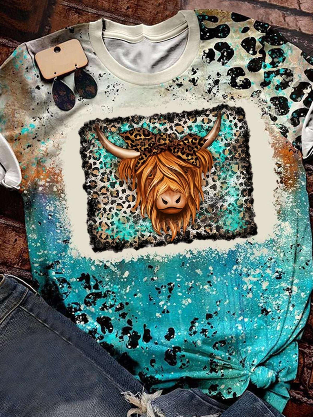 Women's Highland Cow Leopard Print Crew Neck T-Shirt