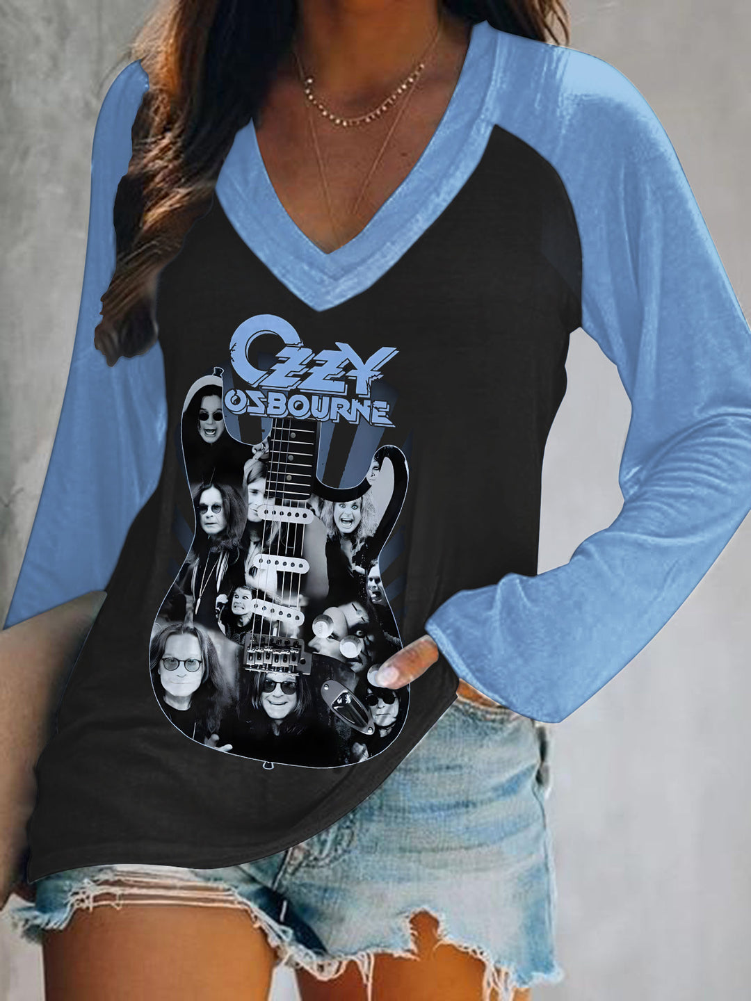 In Memory of Ozzy Osbourne Print V-Neck Long Sleeve Top