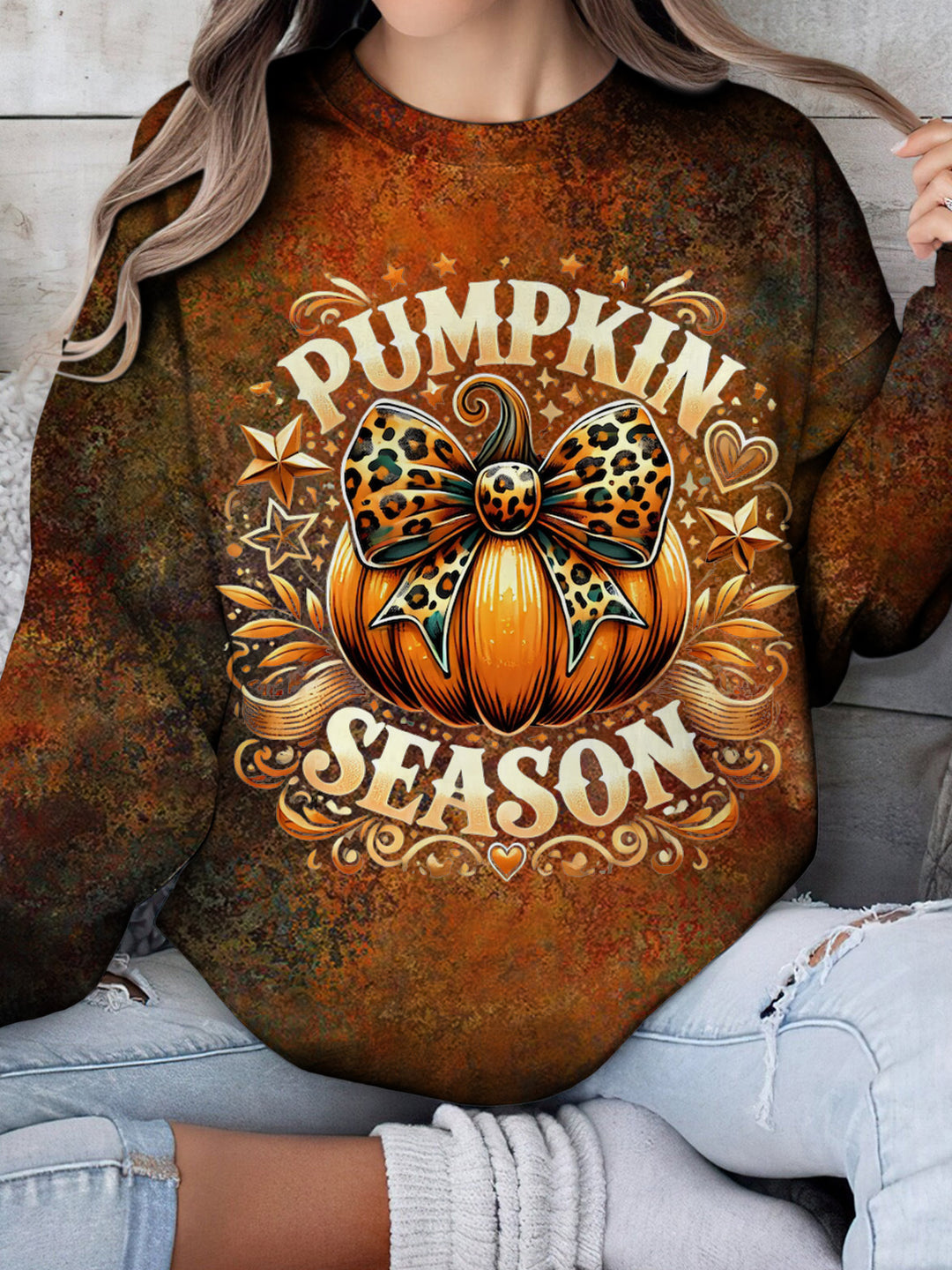 Pumpkin Season Pumpkin Retro Print Long Sleeve Top