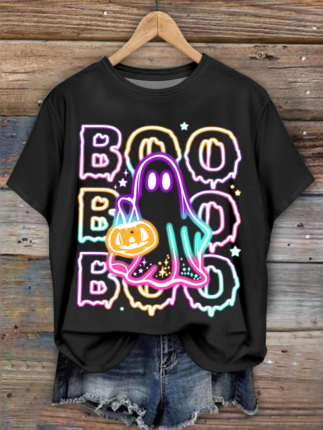 Süßes buntes Neon-Boo-Geist-T-Shirt mit Rundhalsausschnitt