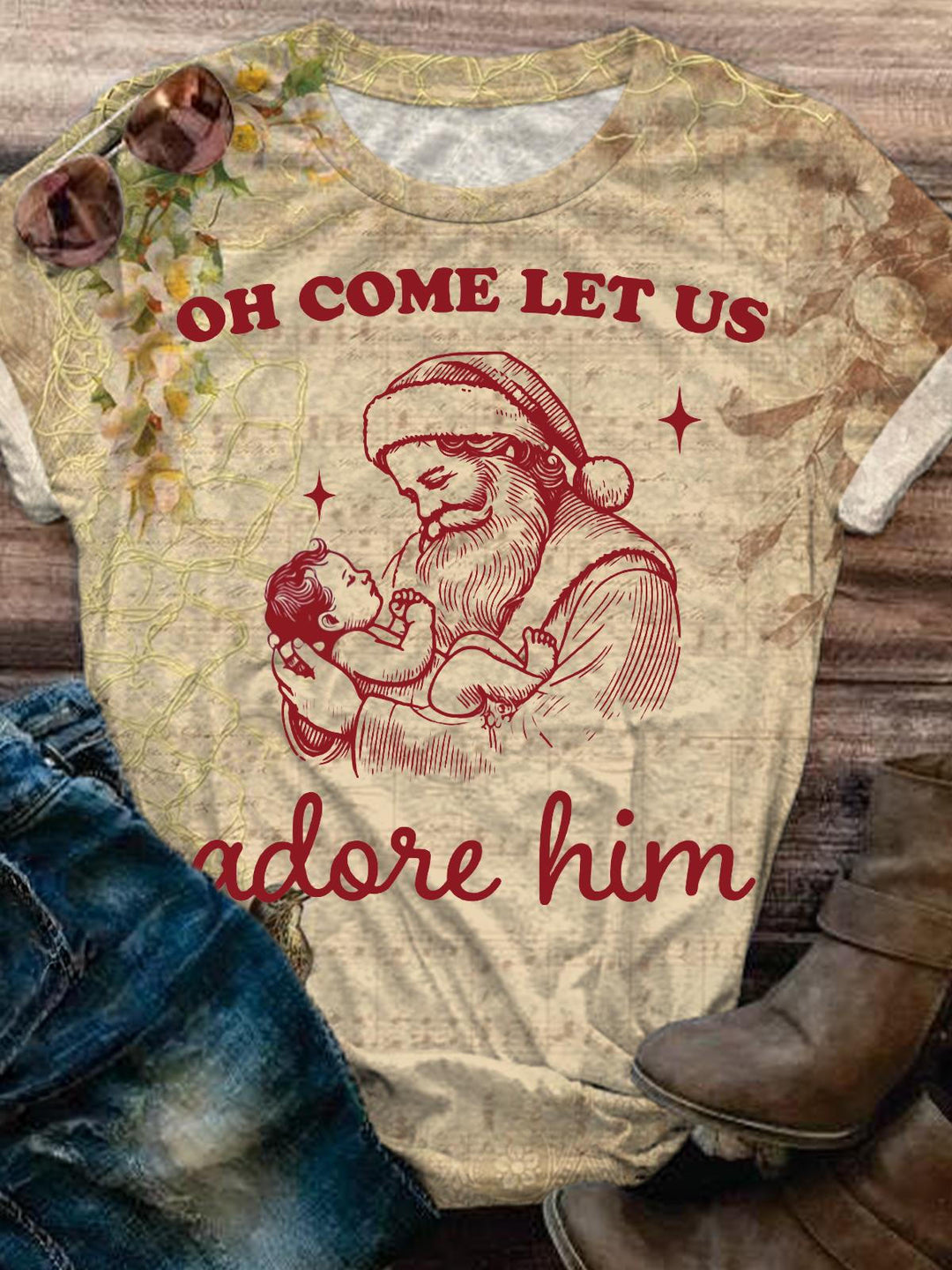 Let Us Adore Him Santa Baby Jesus Crew Neck T-shirt