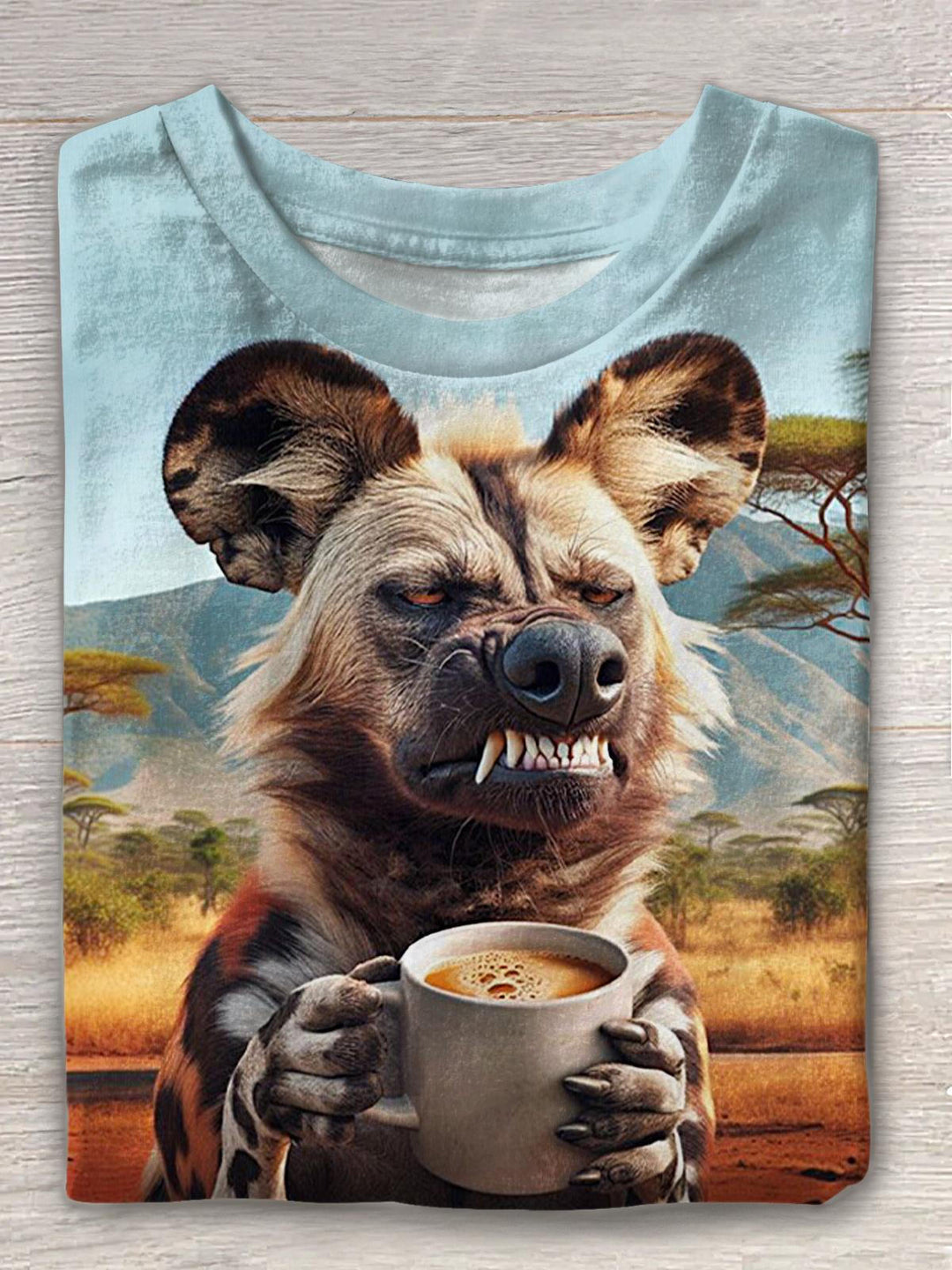 Angry Coffee Hyena Print Crew Neck T-shirt