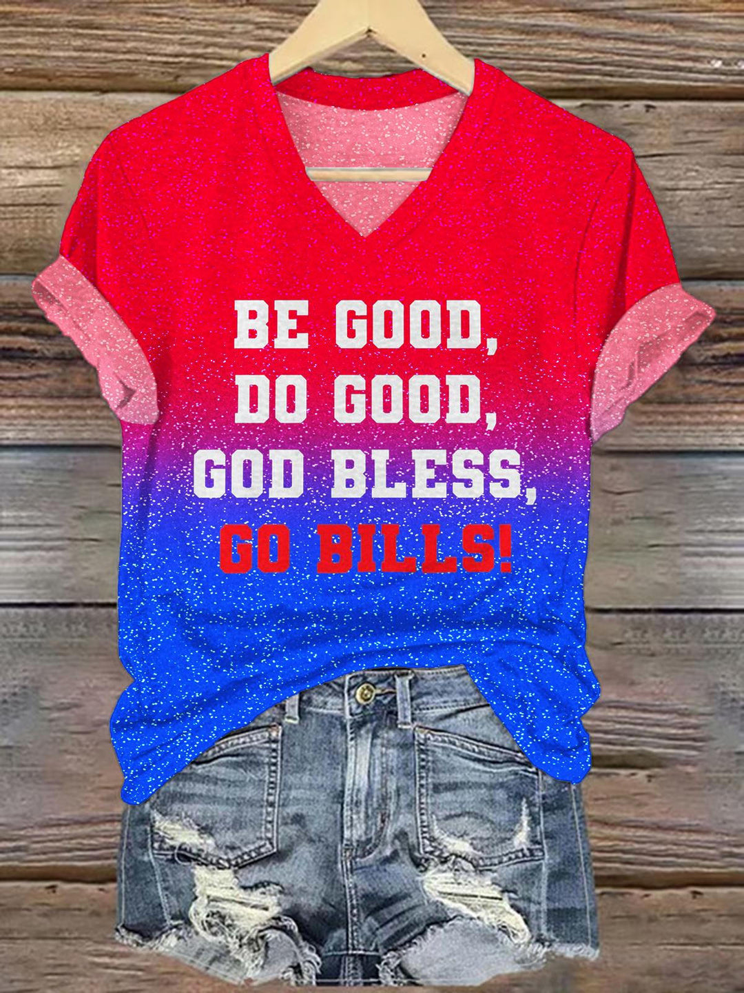 Be Good Do Good God Bless Pailletten-T-Shirt mit V-Ausschnitt