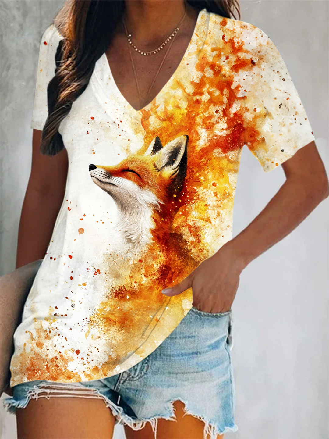 Funny Fall Fox Short Sleeve V Neck Print Top