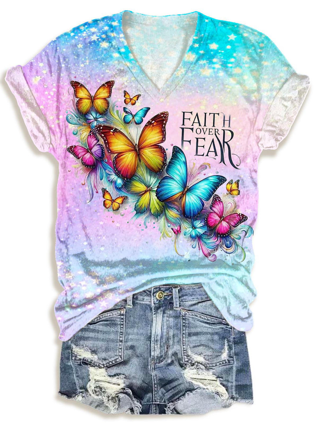 Women's Faith Butterfly Print V-Neck T-Shirt