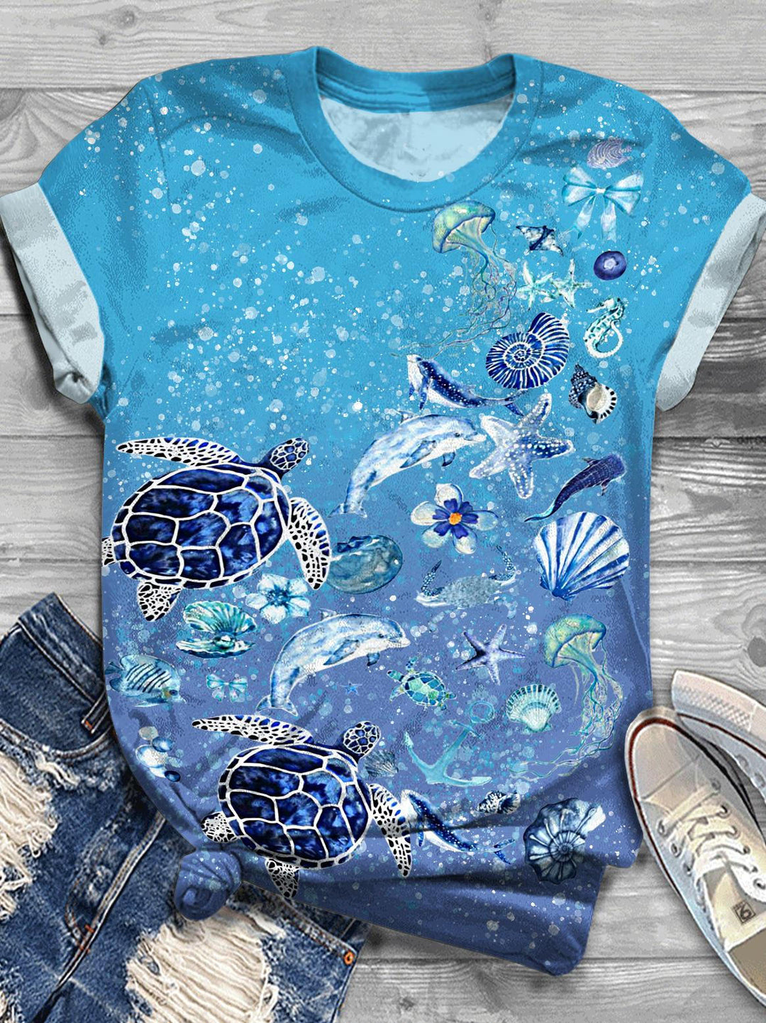 Women's Ocean Turtle Whale Print Crew Neck T-shirt