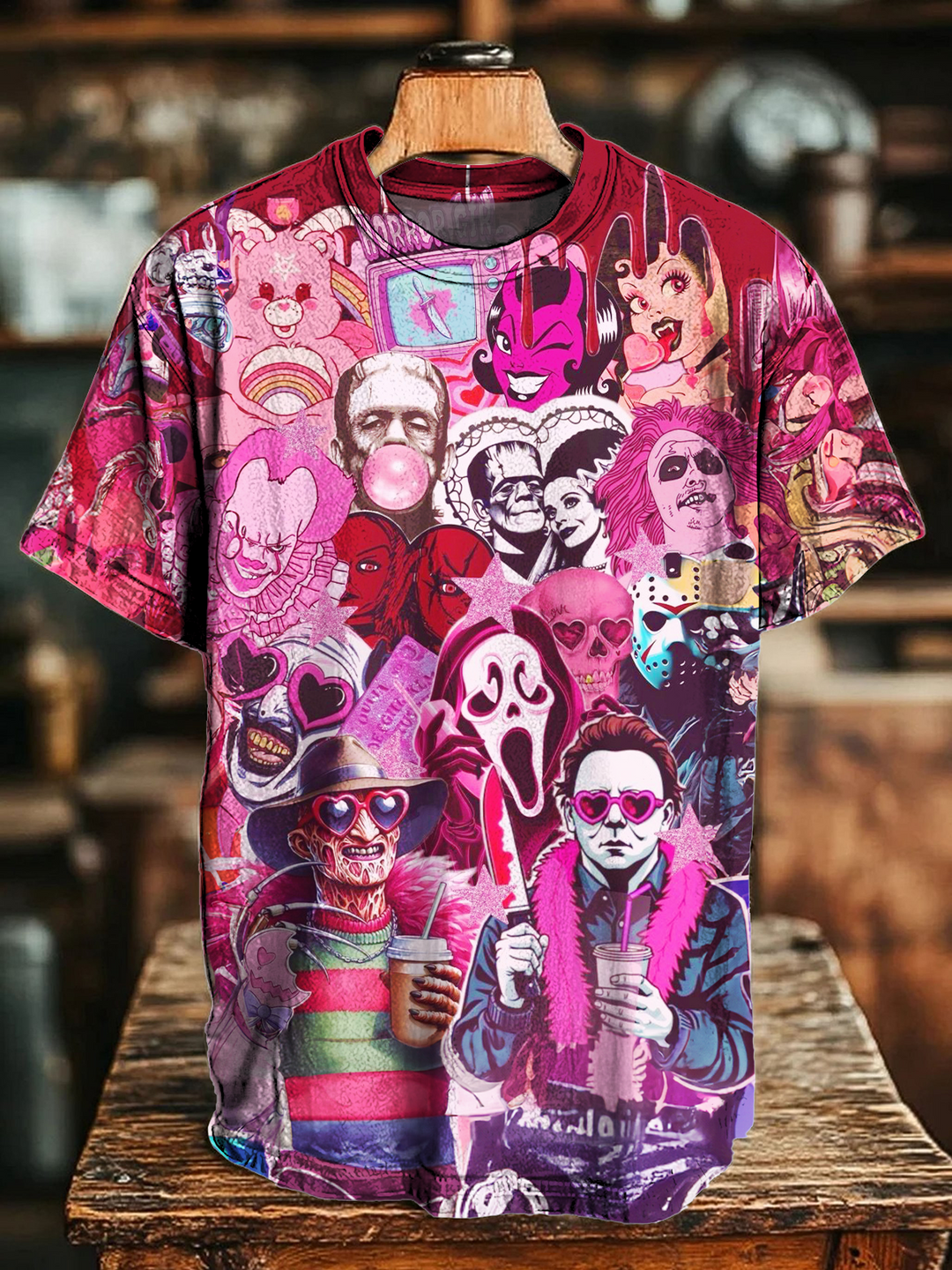 Halloween Horror Movie Collage Art Crew Neck T-shirt